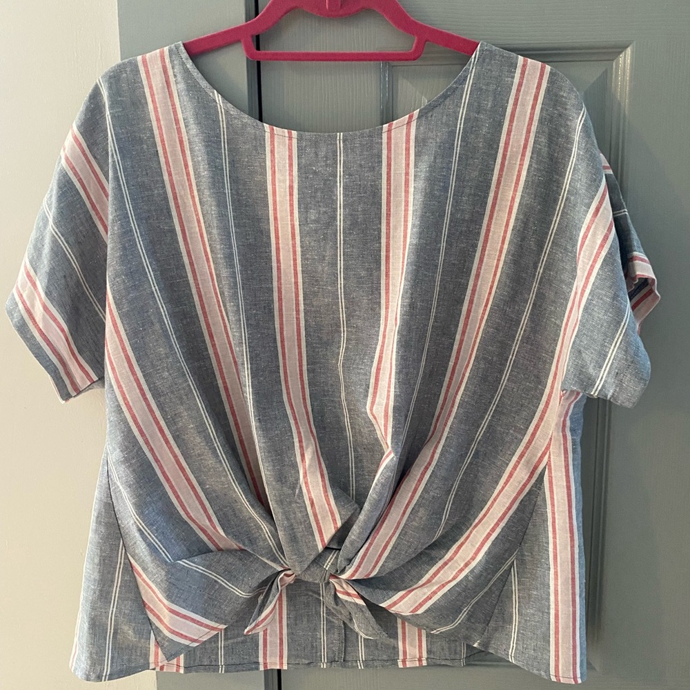 Boat Neck Striped Boxy Linen Short Sleeve Twist Front Tee | Work & Picnic!